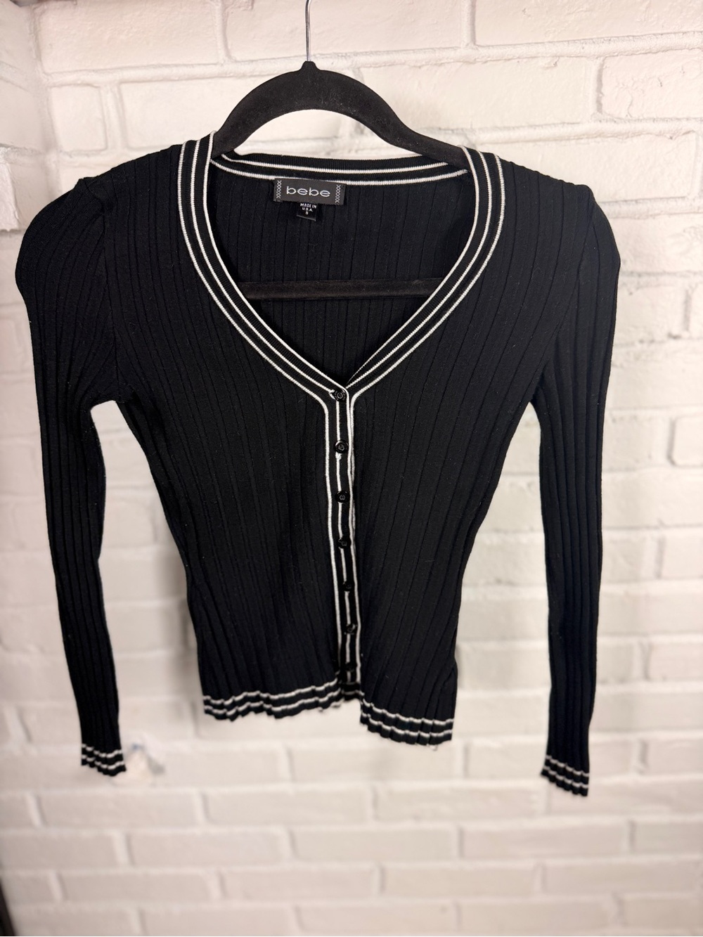 Bebe‎ Ribbed Cardigan Top Black White Trim Button Front Y2K Size Small